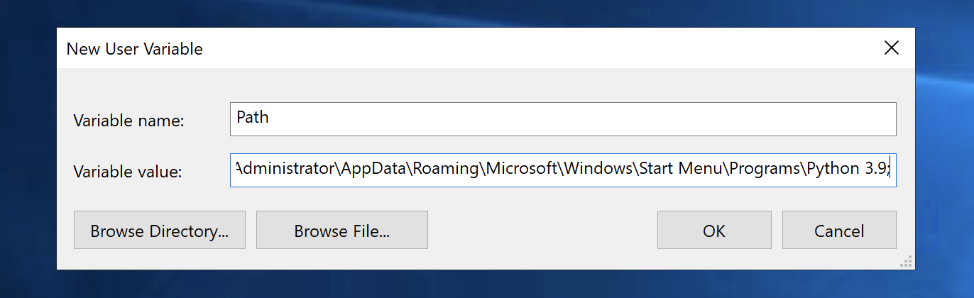 New Environment Variable box
